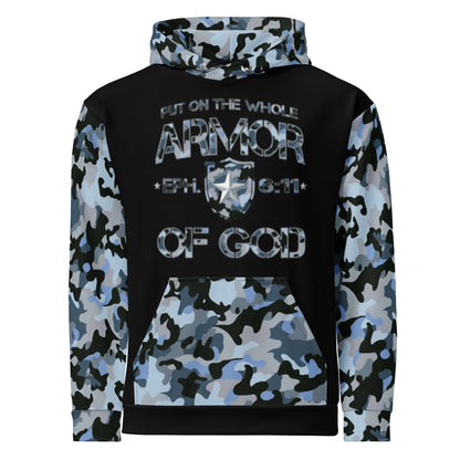 Armor of God - Blue Camo on Black Cotton Hoodie - Unisex - Sacred Stylz