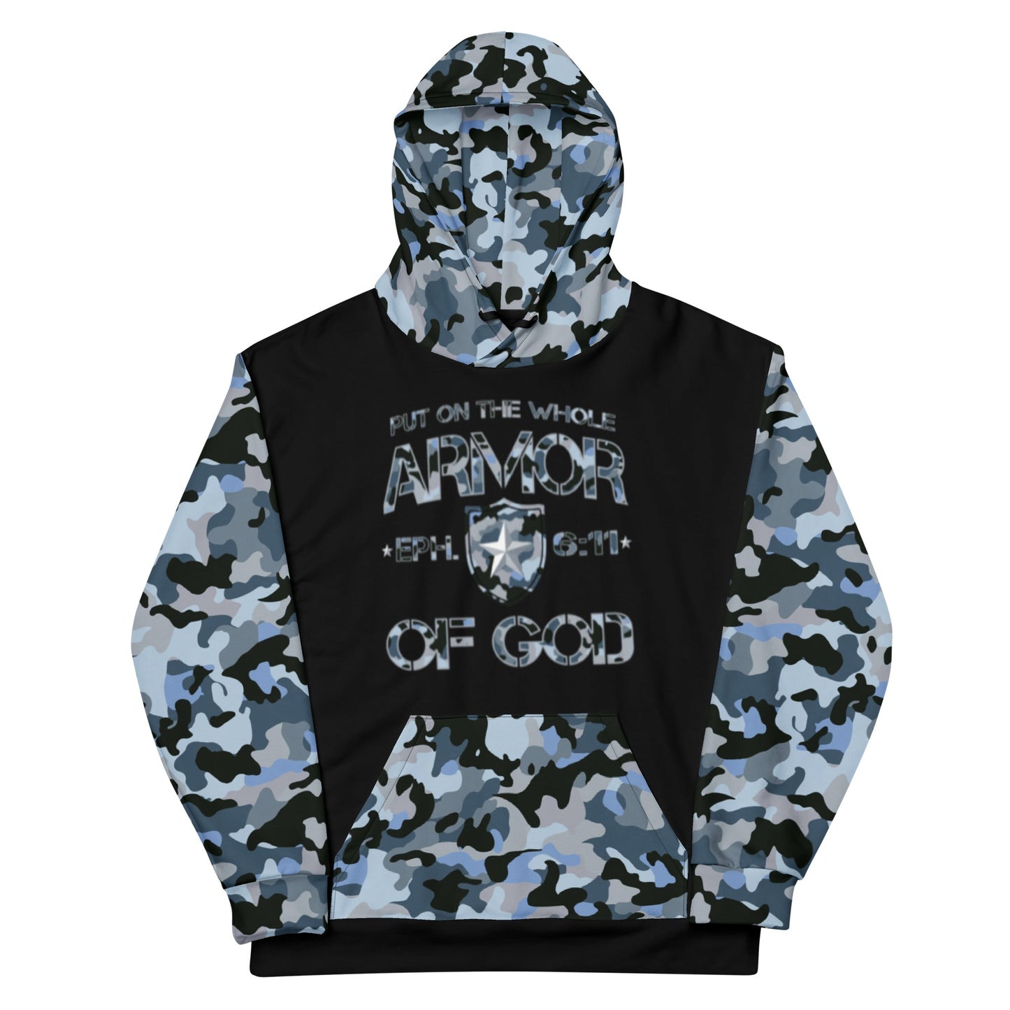 Armor of God - Blue Camo on Black Cotton Hoodie - Unisex - Sacred Stylz