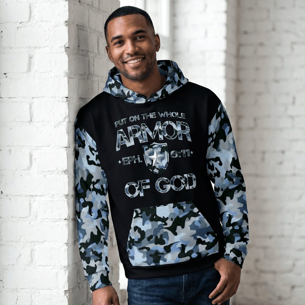 Armor of God - Blue Camo on Black Cotton Hoodie - Unisex - Sacred Stylz