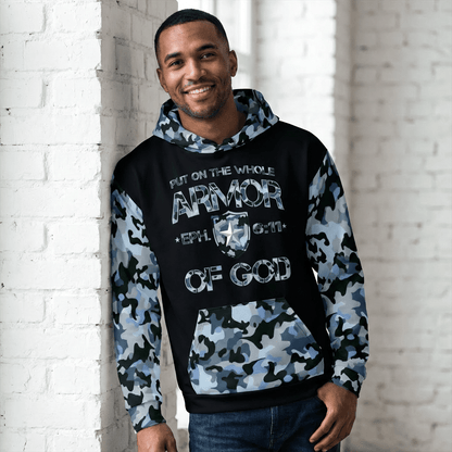 Armor of God - Blue Camo on Black Cotton Hoodie - Unisex - Sacred Stylz