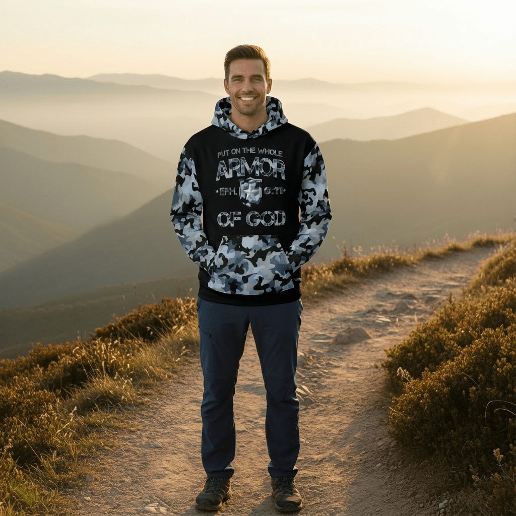 Armor of God - Blue Camo on Black Cotton Hoodie - Unisex - Sacred Stylz