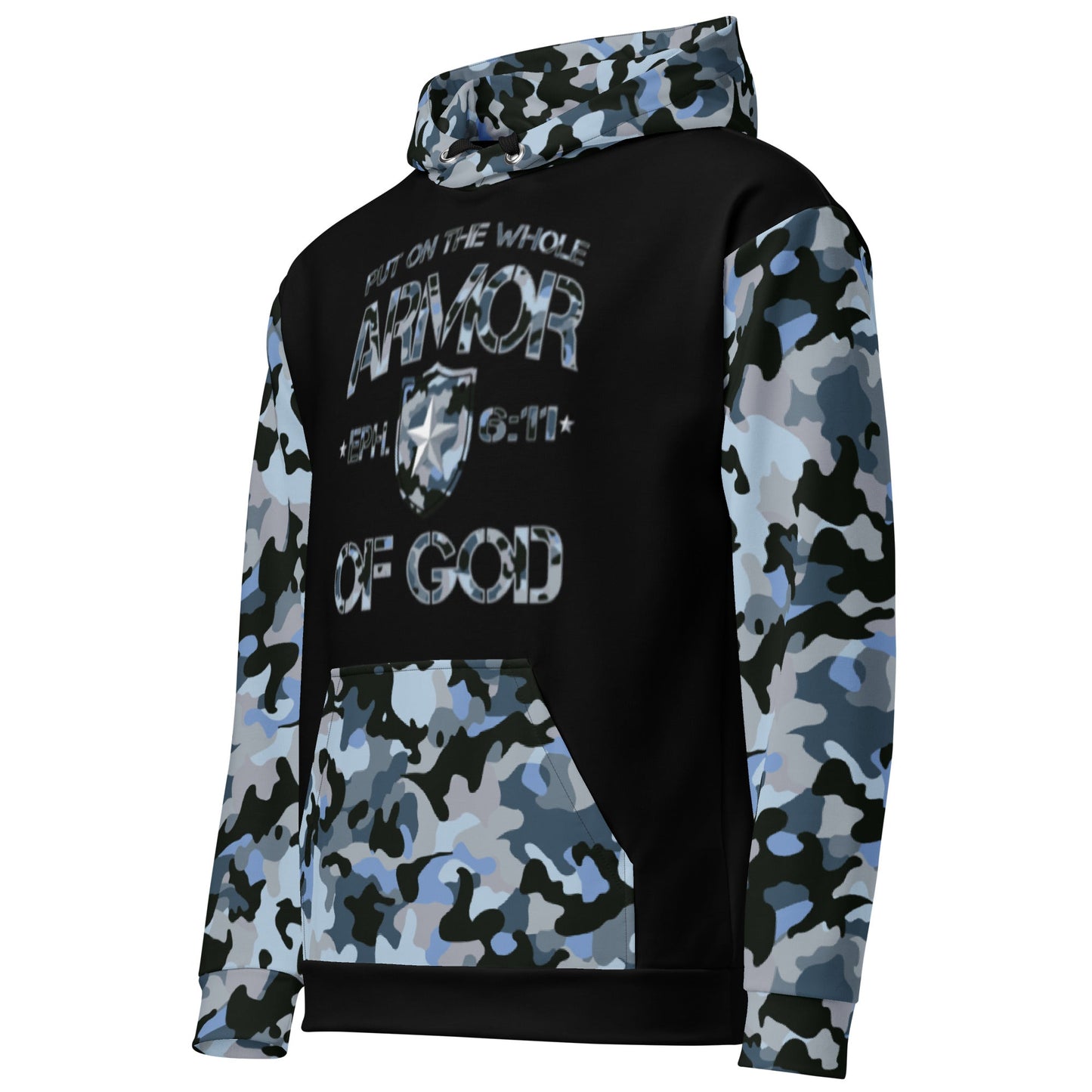 Armor of God - Blue Camo on Black Cotton Hoodie - Unisex - Sacred Stylz