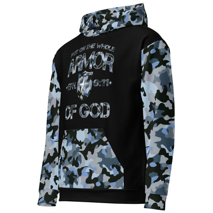 Armor of God - Blue Camo on Black Cotton Hoodie - Unisex - Sacred Stylz