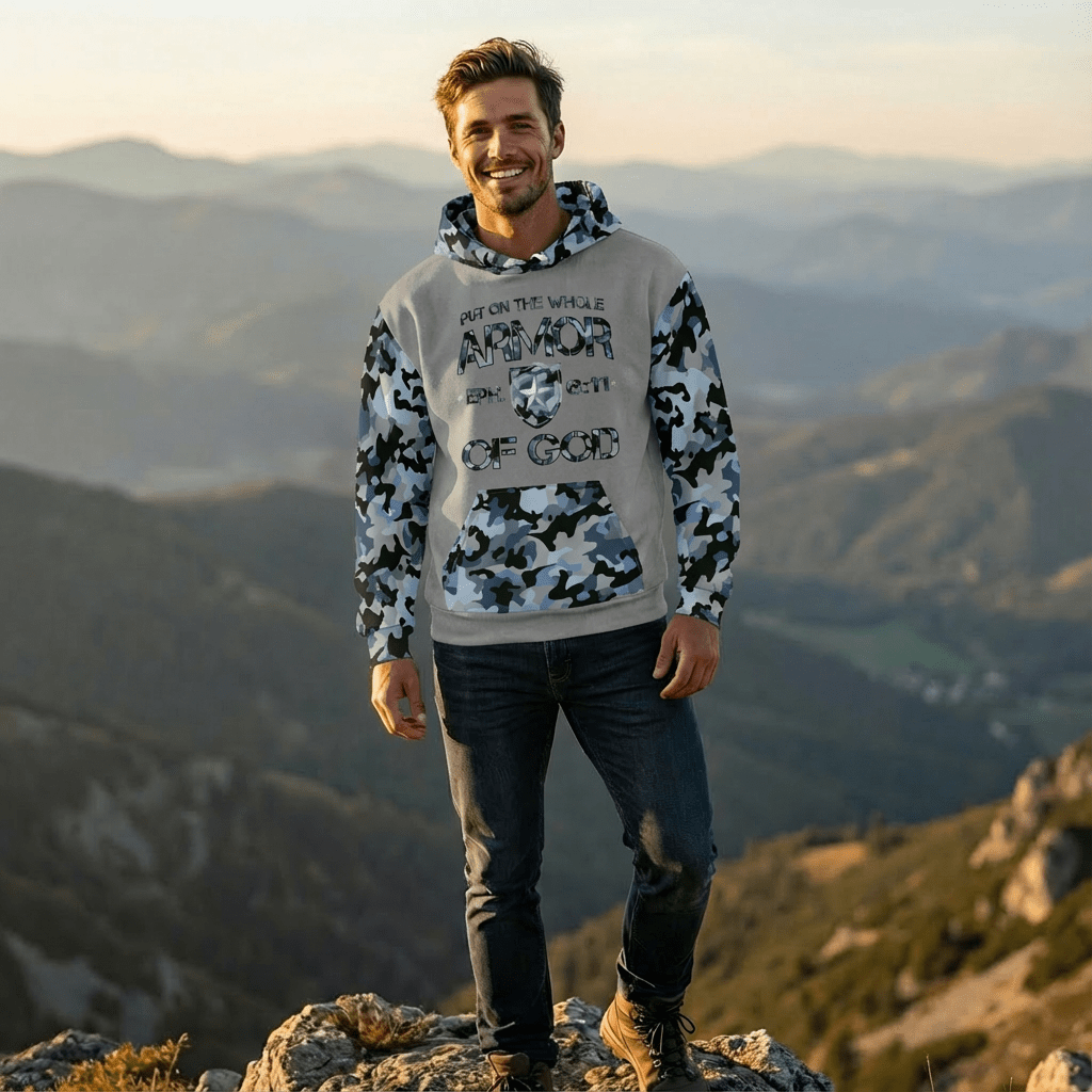 Armor of God - Blue Camo on Gray Suede - Wash Cotton Hoodie - Unisex - Sacred Stylz