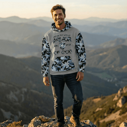 Armor of God - Blue Camo on Gray Suede - Wash Cotton Hoodie - Unisex - Sacred Stylz