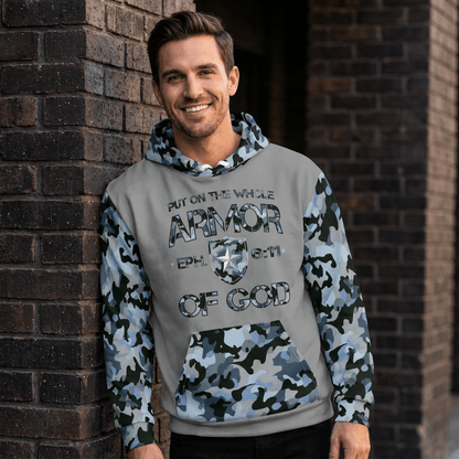 Armor of God - Blue Camo on Gray Suede - Wash Cotton Hoodie - Unisex - Sacred Stylz
