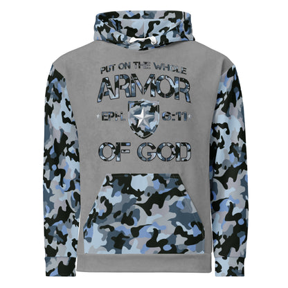 Armor of God - Blue Camo on Gray Suede - Wash Cotton Hoodie - Unisex - Sacred Stylz