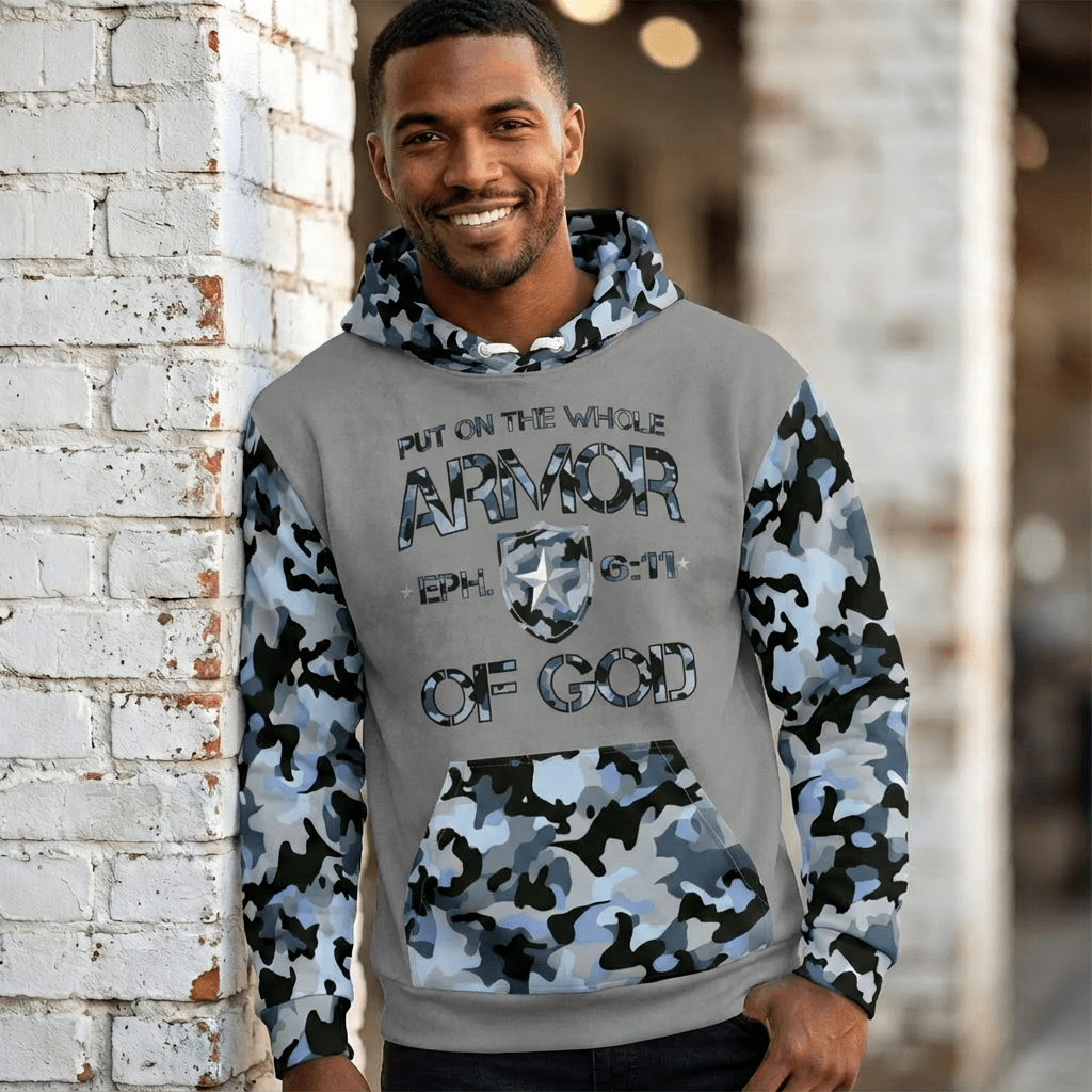 Armor of God - Blue Camo on Gray Suede - Wash Cotton Hoodie - Unisex - Sacred Stylz