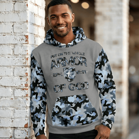 Armor of God - Blue Camo on Gray Suede - Wash Cotton Hoodie - Unisex - Sacred Stylz