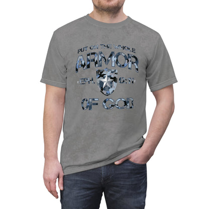 Armor of God – Blue Camo on Gray Suede - Wash Short Sleeve Tee - Sacred Stylz