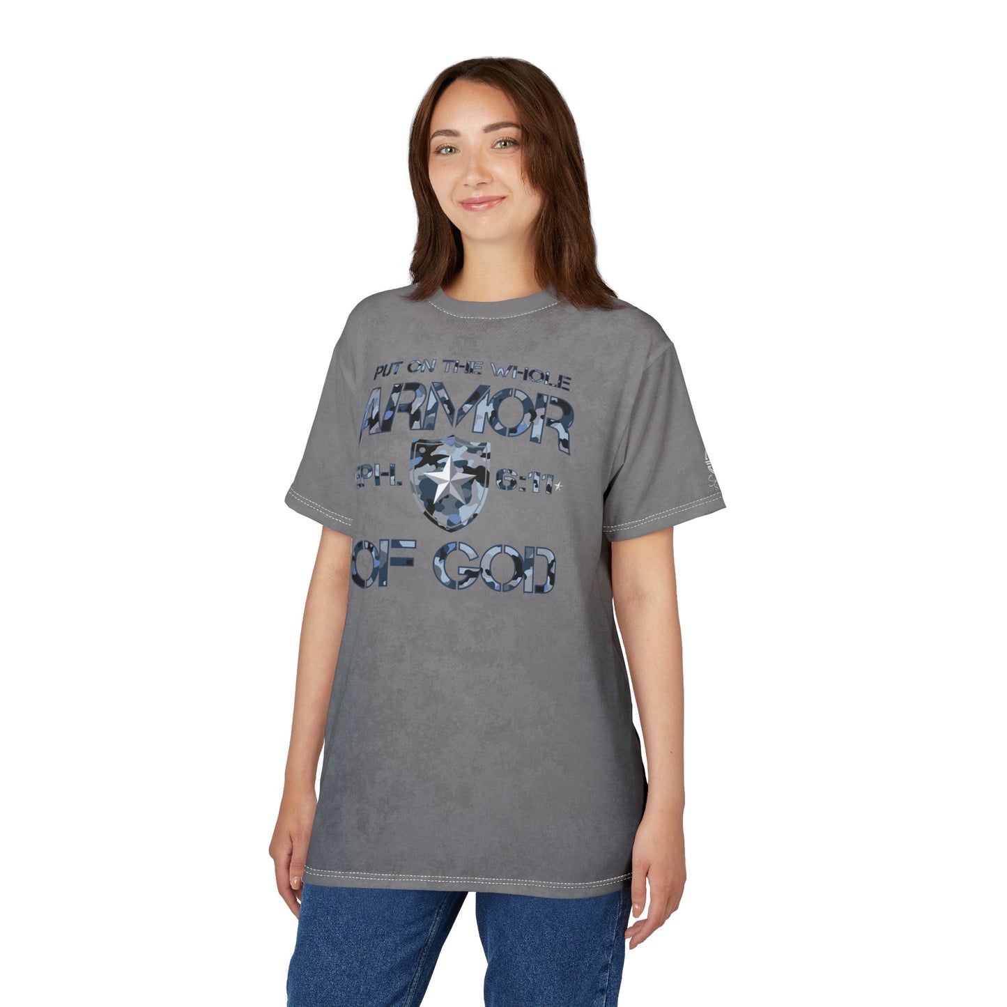 Armor of God – Blue Camo on Gray Suede - Wash Short Sleeve Tee - Sacred Stylz