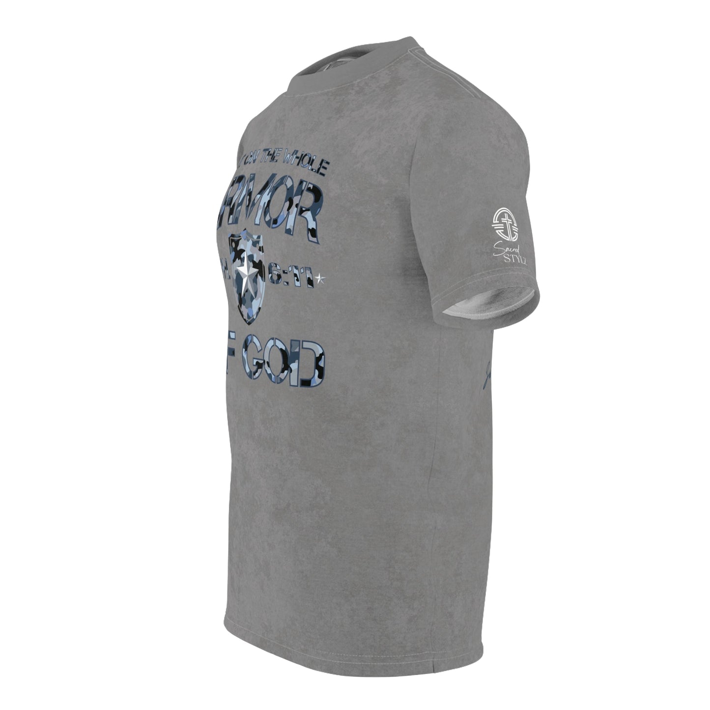 Armor of God – Blue Camo on Gray Suede - Wash Short Sleeve Tee - Sacred Stylz