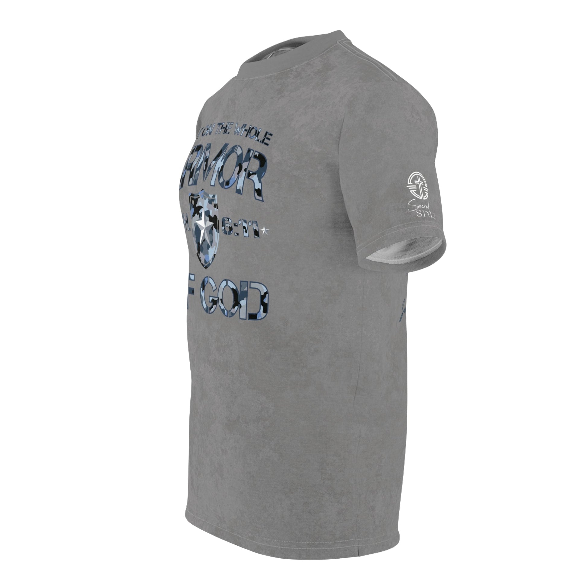 Armor of God – Blue Camo on Gray Suede - Wash Short Sleeve Tee - Sacred Stylz