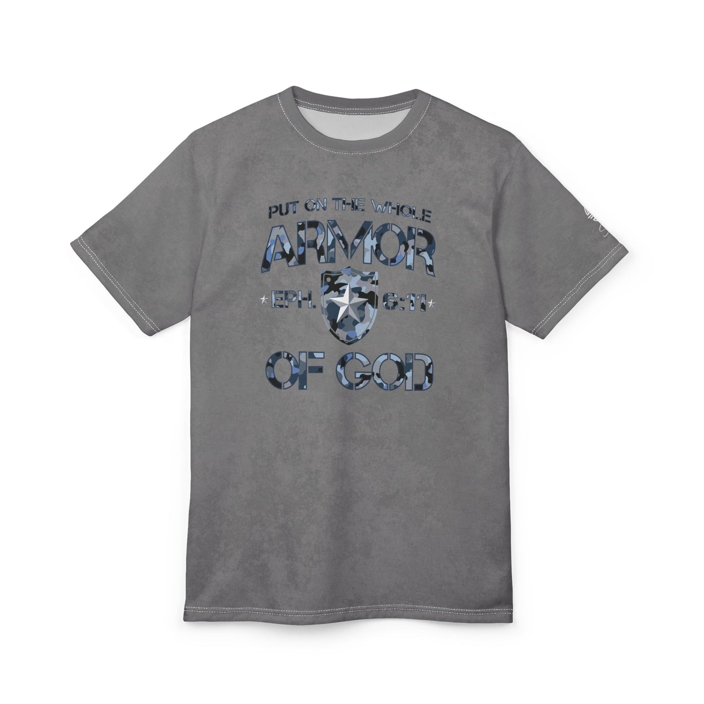 Armor of God – Blue Camo on Gray Suede - Wash Short Sleeve Tee - Sacred Stylz