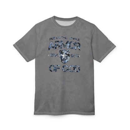 Armor of God – Blue Camo on Gray Suede - Wash Short Sleeve Tee - Sacred Stylz