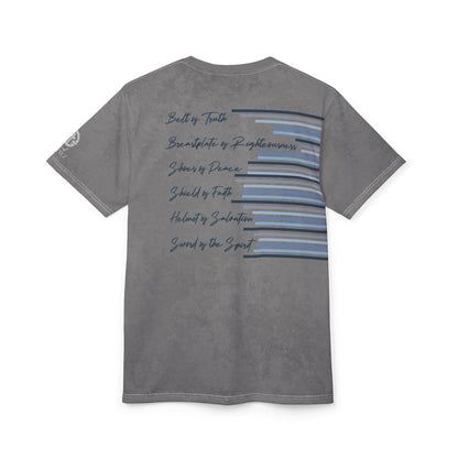 Armor of God – Blue Camo on Gray Suede - Wash Short Sleeve Tee - Sacred Stylz