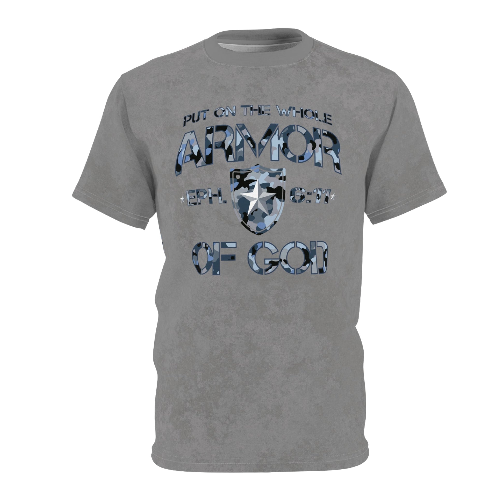 Armor of God – Blue Camo on Gray Suede - Wash Short Sleeve Tee - Sacred Stylz