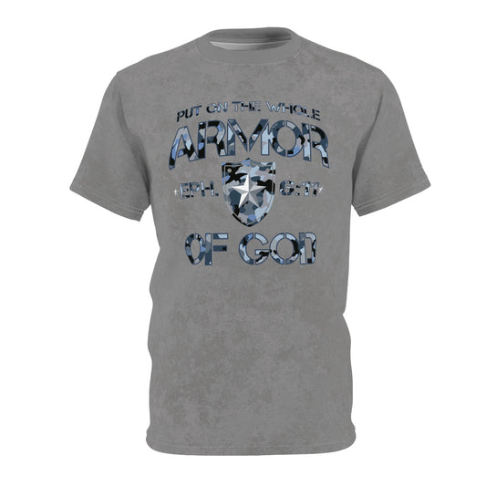 Armor of God – Blue Camo on Gray Suede - Wash Short Sleeve Tee - Sacred Stylz