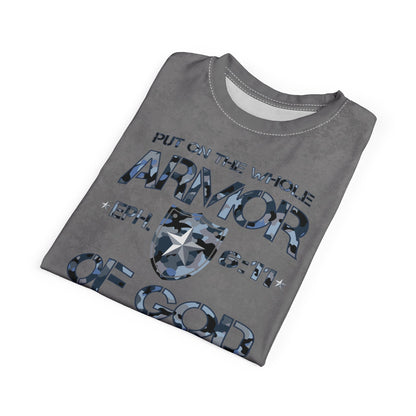 Armor of God – Blue Camo on Gray Suede - Wash Short Sleeve Tee - Sacred Stylz