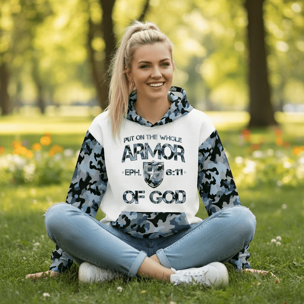 Armor of God - Blue Camo on White Cotton Hoodie - Unisex - Sacred Stylz
