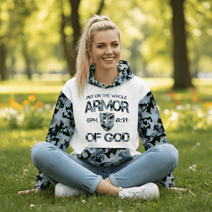 Armor of God - Blue Camo on White Cotton Hoodie - Unisex - Sacred Stylz
