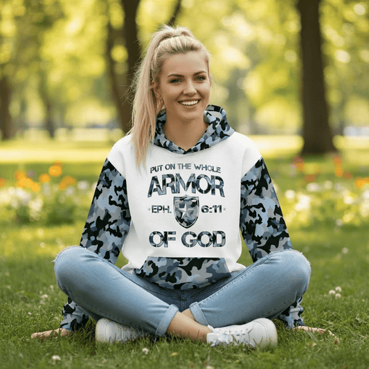 Armor of God - Blue Camo on White Cotton Hoodie - Unisex - Sacred Stylz
