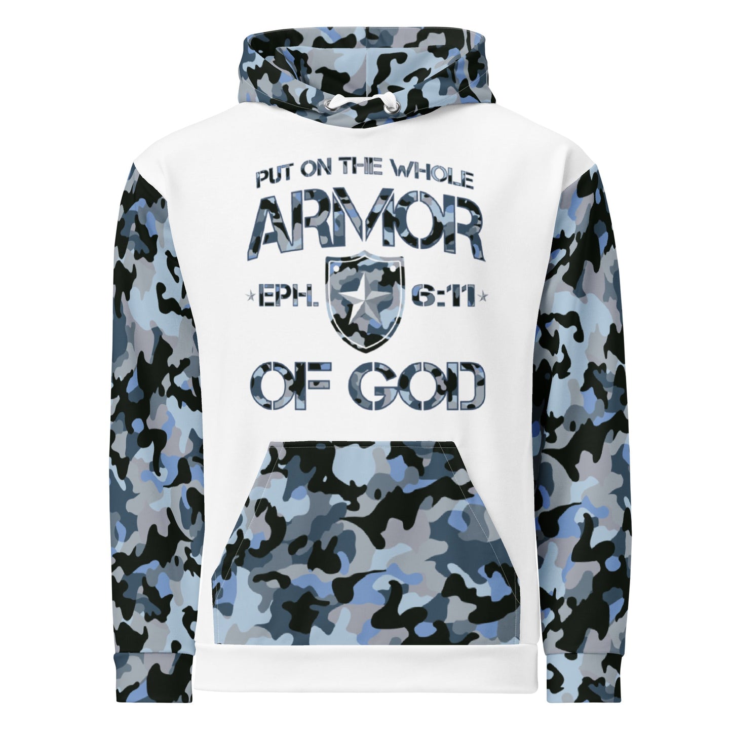 Armor of God - Blue Camo on White Cotton Hoodie - Unisex - Sacred Stylz