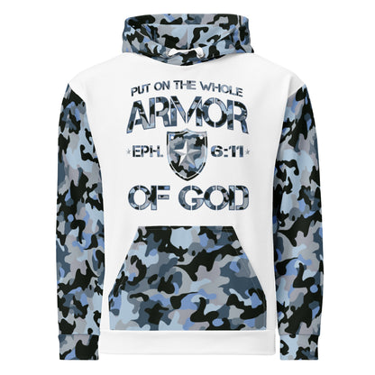Armor of God - Blue Camo on White Cotton Hoodie - Unisex - Sacred Stylz