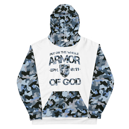 Armor of God - Blue Camo on White Cotton Hoodie - Unisex - Sacred Stylz