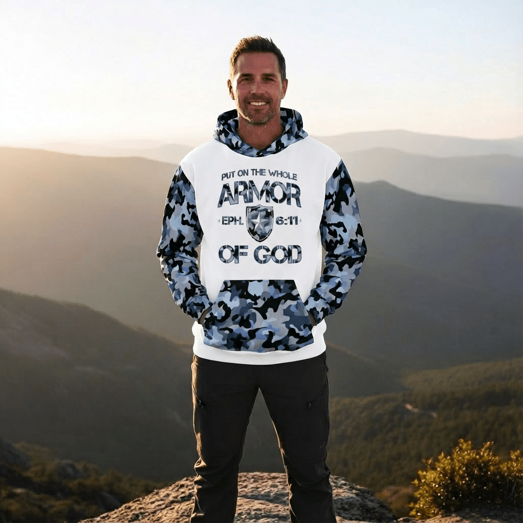 Armor of God - Blue Camo on White Cotton Hoodie - Unisex - Sacred Stylz