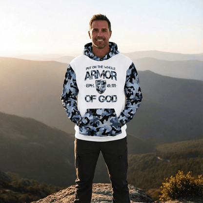 Armor of God - Blue Camo on White Cotton Hoodie - Unisex - Sacred Stylz
