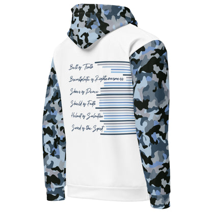 Armor of God - Blue Camo on White Cotton Hoodie - Unisex - Sacred Stylz