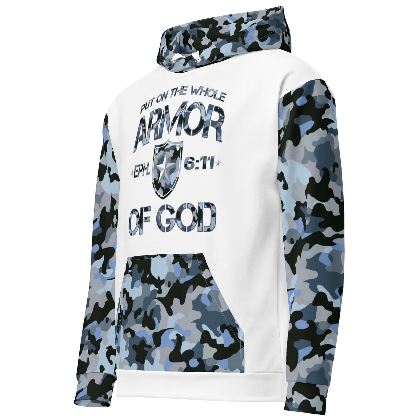 Armor of God - Blue Camo on White Cotton Hoodie - Unisex - Sacred Stylz