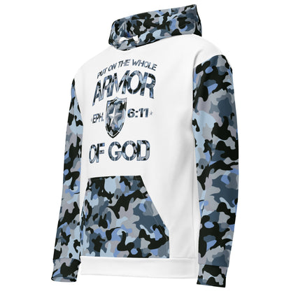 Armor of God - Blue Camo on White Cotton Hoodie - Unisex - Sacred Stylz