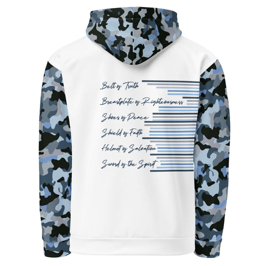 Armor of God - Blue Camo on White Cotton Hoodie - Unisex - Sacred Stylz