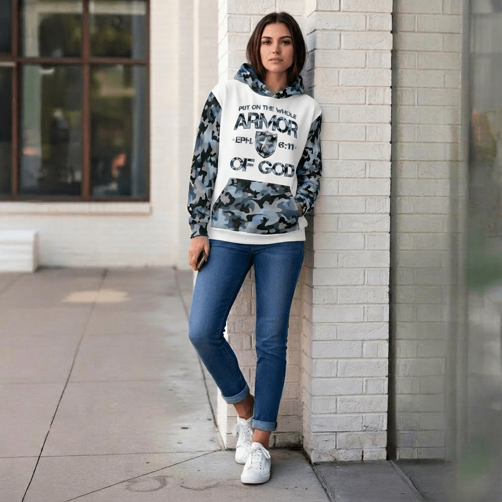 Armor of God - Blue Camo on White Cotton Hoodie - Unisex - Sacred Stylz