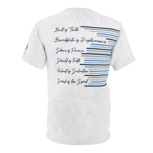 Armor of God – Blue Camo on White Suede - Wash Short Sleeve Tee - Sacred Stylz