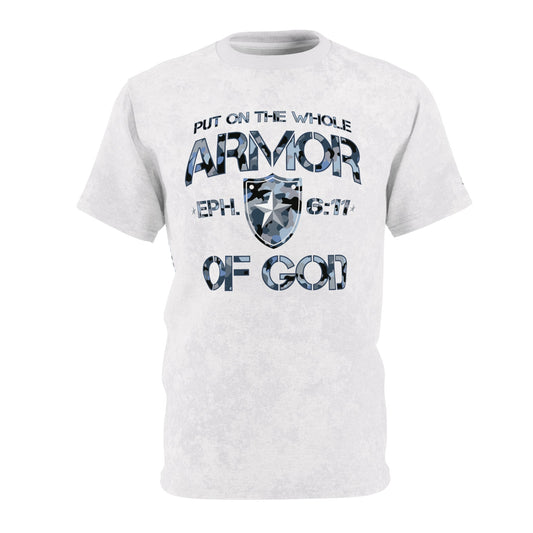 Armor of God – Blue Camo on White Suede - Wash Short Sleeve Tee - Sacred Stylz