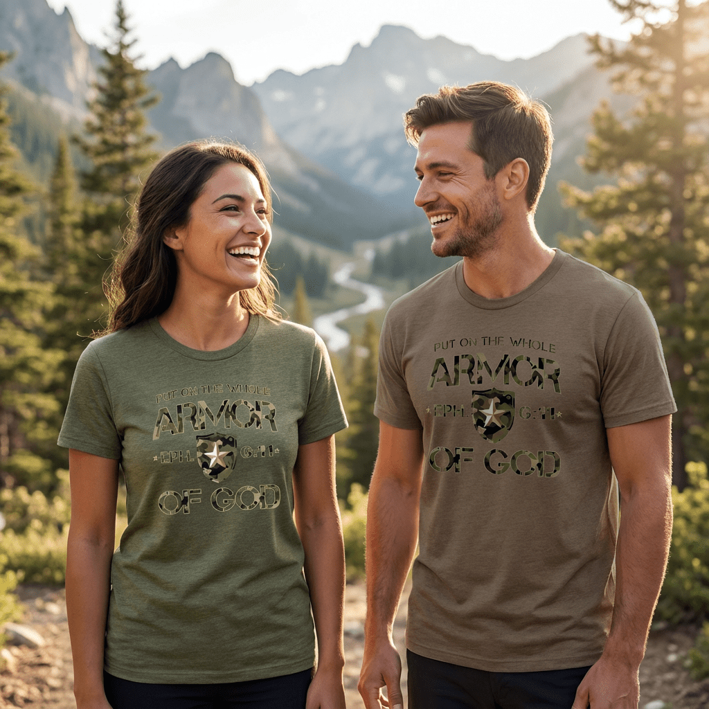 Armor of God – Green Camo Collection – Two hikers wearing Tri - Blend T-shirts in Green and Brown