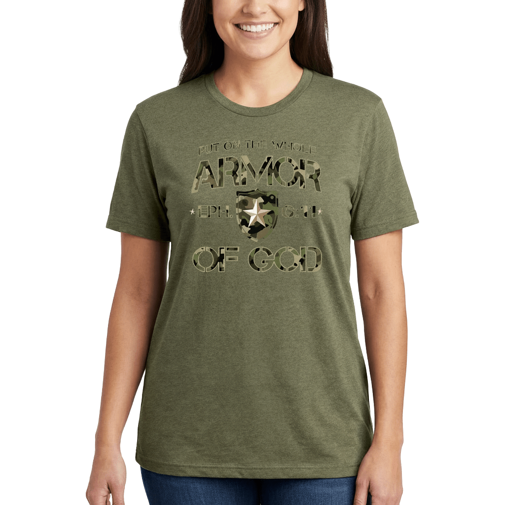 Armor of God Green Camo Design Coyote Brown Heather-T-Shirt - Sacred Stylz