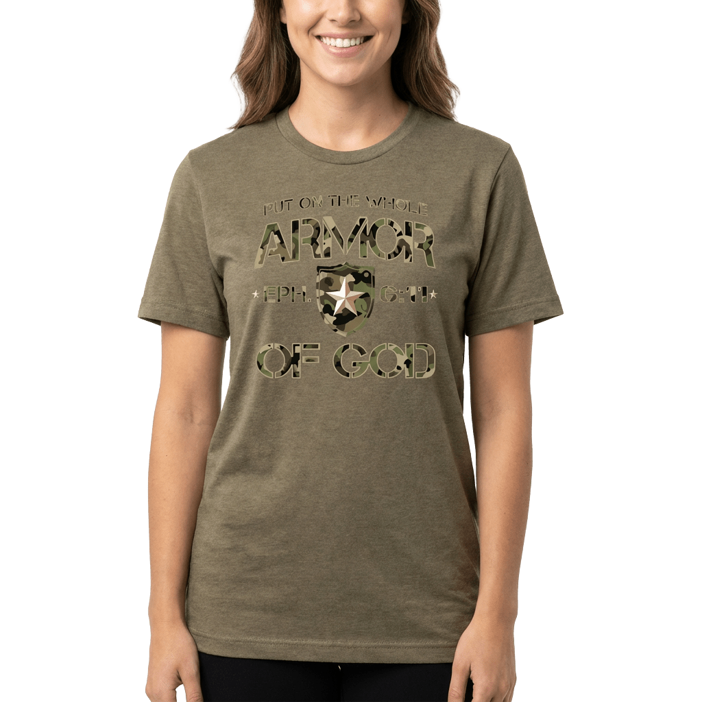 Armor of God Green Camo Design Coyote Brown Heather-T-Shirt - Sacred Stylz