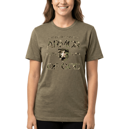 Armor of God Green Camo Design Coyote Brown Heather-T-Shirt - Sacred Stylz
