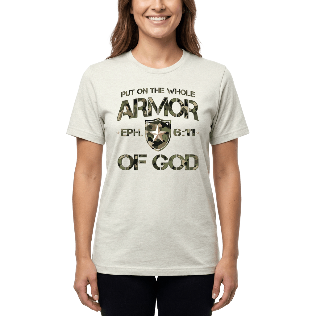Armor of God Green Camo Design Coyote Brown Heather-T-Shirt - Sacred Stylz