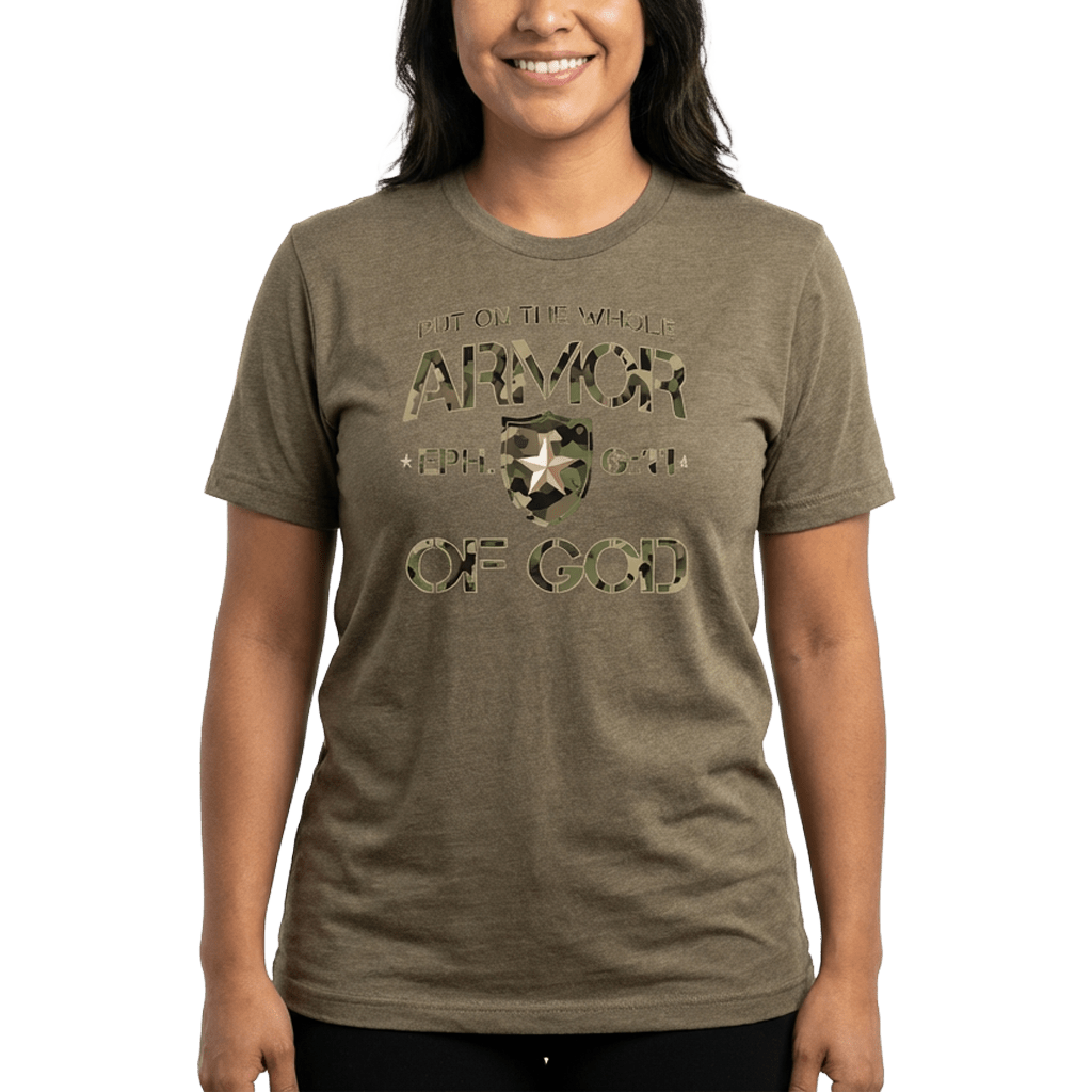 Armor of God Green Camo Design Coyote Brown Heather-T-Shirt - Sacred Stylz