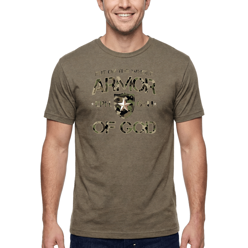 Armor of God Green Camo Design Coyote Brown Heather-T-Shirt - Sacred Stylz