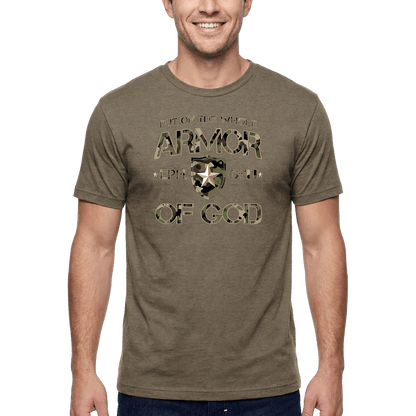 Armor of God Green Camo Design Coyote Brown Heather-T-Shirt - Sacred Stylz