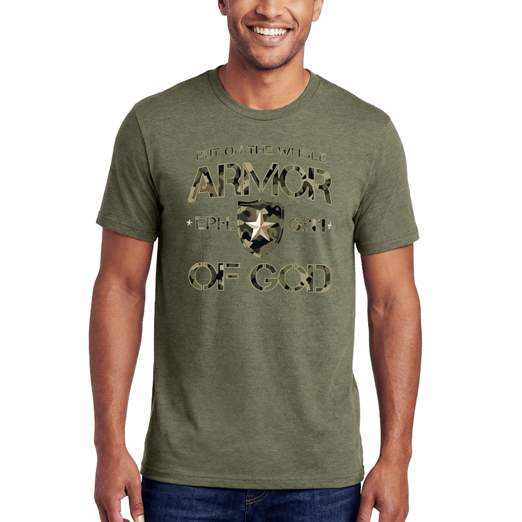 Armor of God Green Camo Design Coyote Brown Heather-T-Shirt - Sacred Stylz