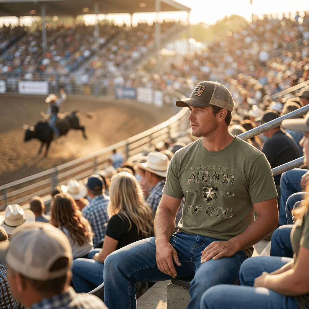 Armor of God – Green Camo Collection – Man at Rodeo wearing Tri - Blend T-shirt in Military Green Frost - Sacred Stylz