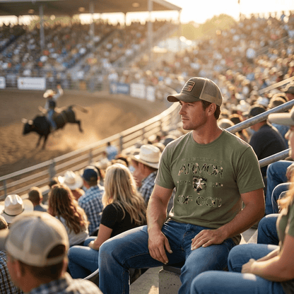 Armor of God – Green Camo Collection – Man at Rodeo wearing Tri - Blend T-shirt in Military Green Frost - Sacred Stylz