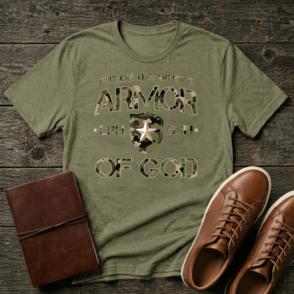 Armor of God – Green Camo Collection – Tri - Blend Tee (Military Green Frost / Oatmeal Heather / Coyote Brown Heather) - Sacred Stylz